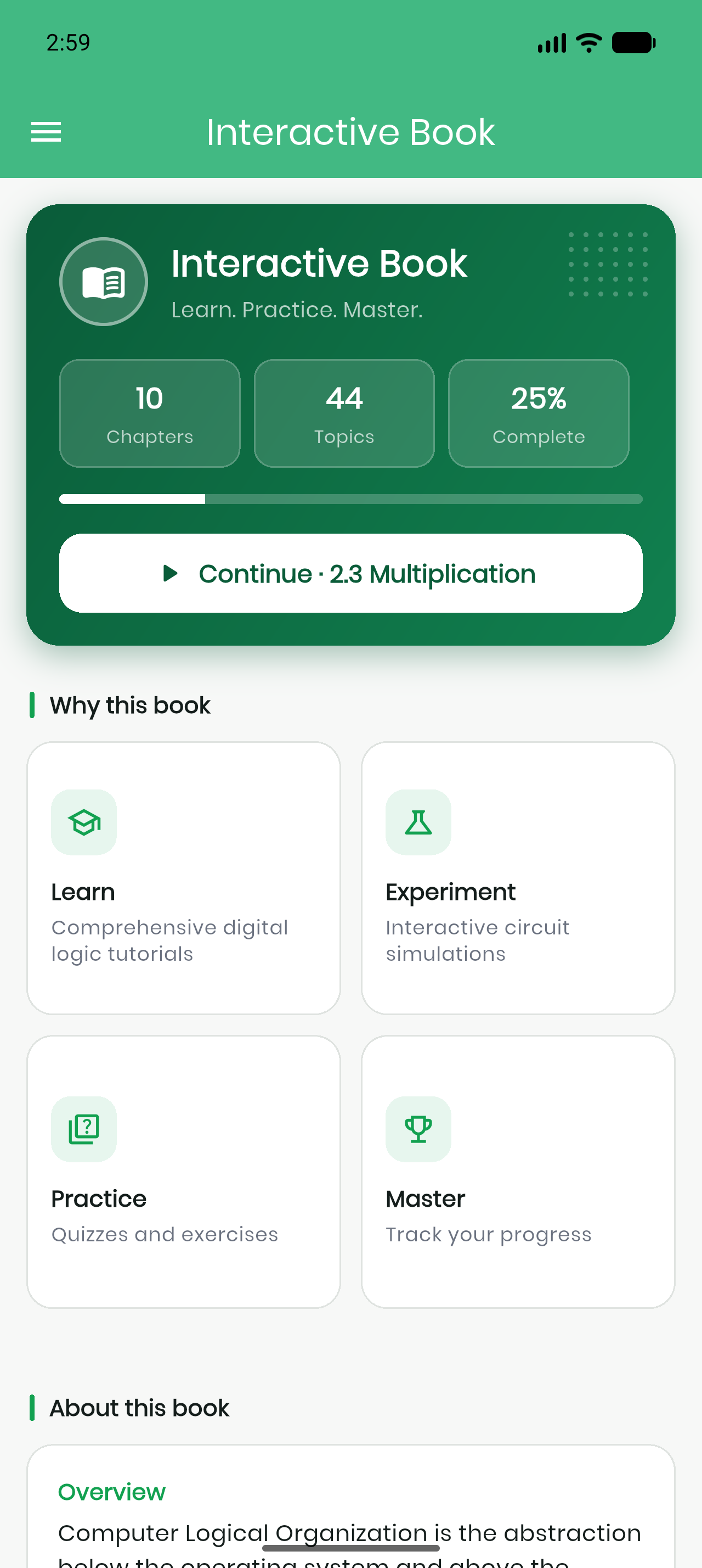 Interactive Book V2: home screen with progress, resume button and feature cards