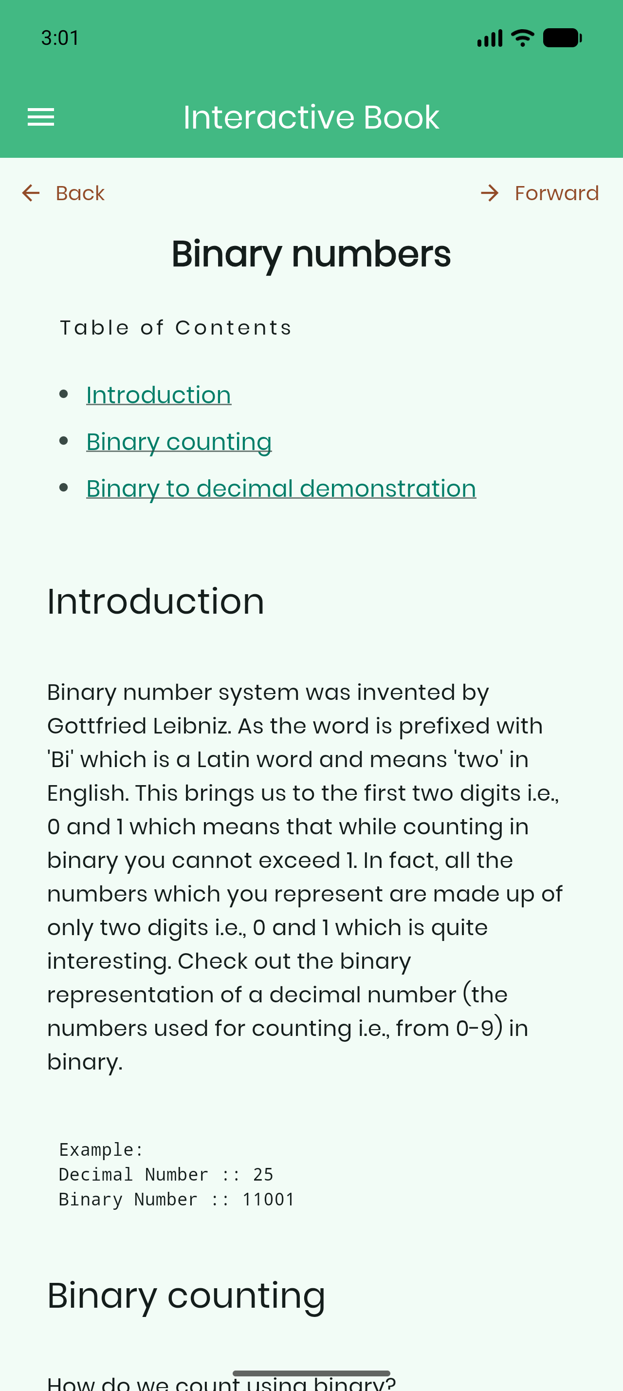 Interactive Book V2: the same chapter with app bar, Back and Forward, and a table of contents