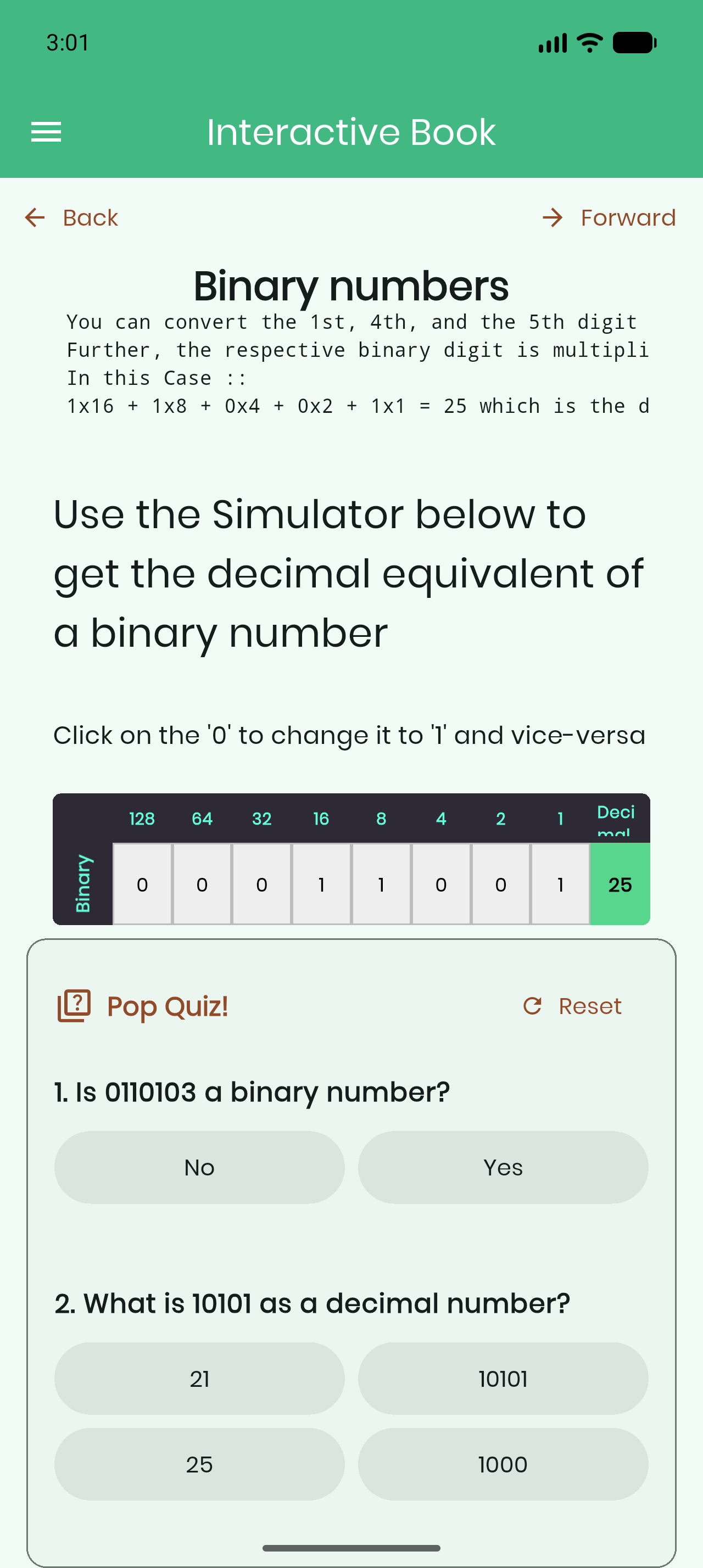 Interactive Book V2: the native binary simulator showing 25, above a pop quiz card