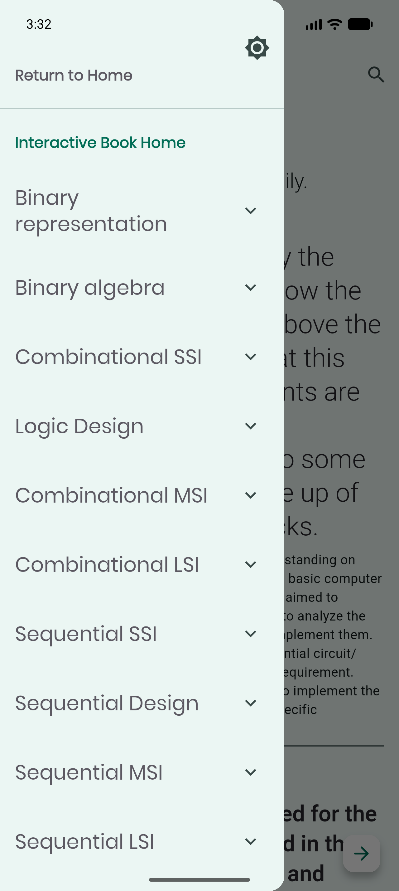 Interactive Book V1: drawer showing a flat list of chapter names