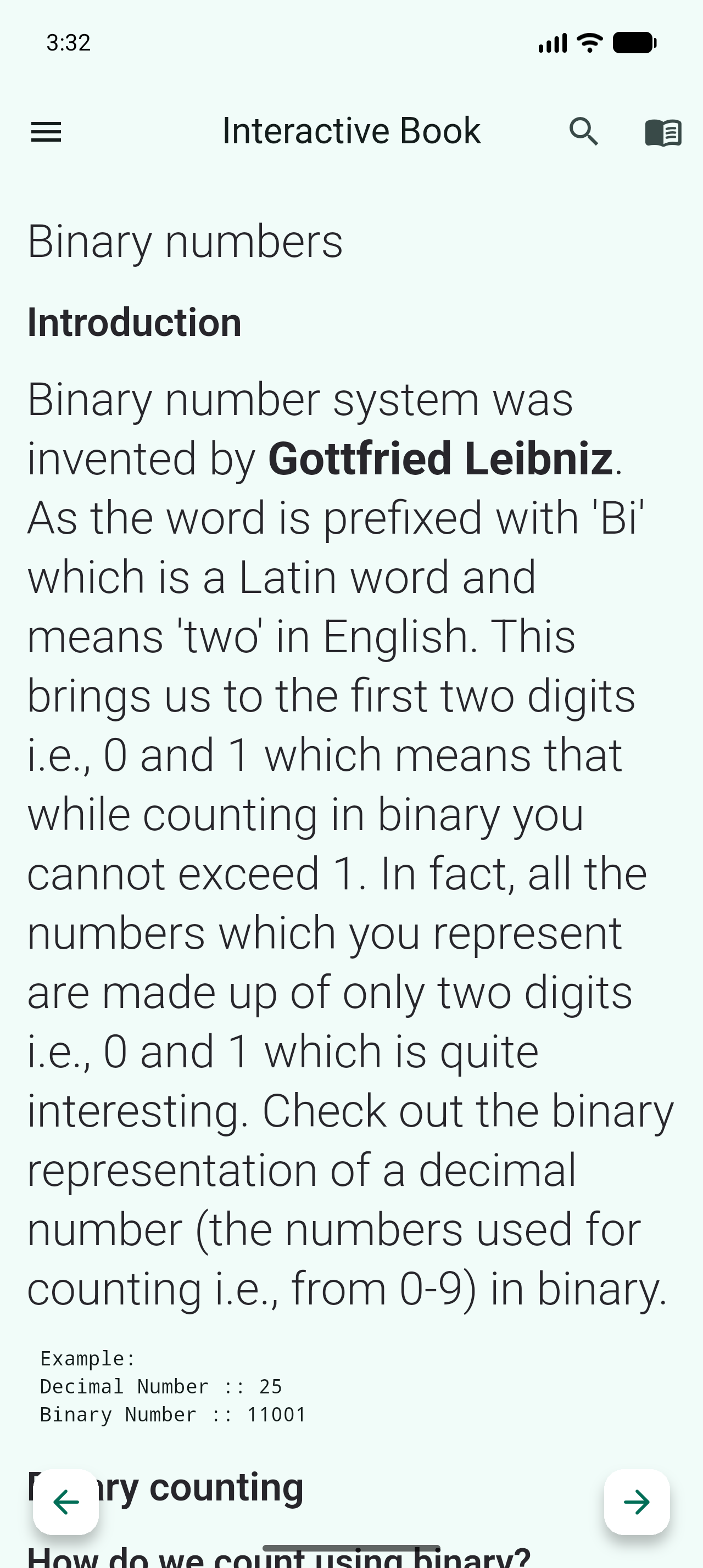 Interactive Book V1: the Binary numbers chapter in oversized unstyled text