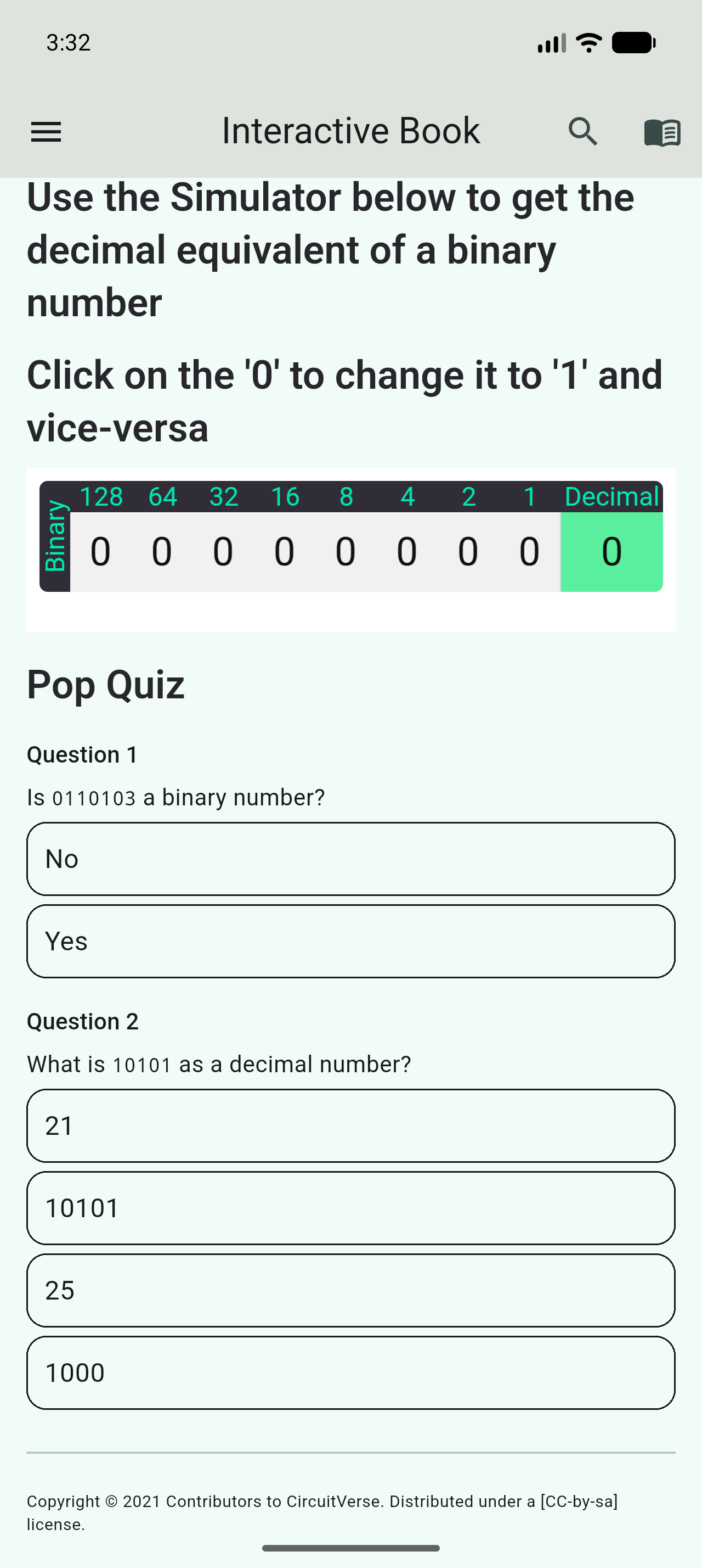 Interactive Book V1: the binary simulator as an embedded WebView above a pop quiz